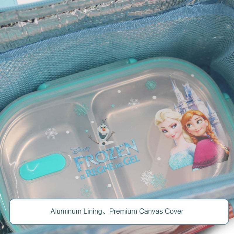 Finex Frozen Princess Pink Zippered Insulated Food Bag + Light Blue Stainless Steel Compartment Bento Container Box with Clear Lid set for picnic - Image 3